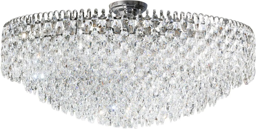 Polkruhová stropná lampa zdobená kryštálikmi do obývačky nad stolíkom Burano