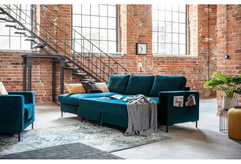 Zamatová rozkladacia rohová pohovka v petrolejovej farbe (ľavý roh) Lofty Lilly – Miuform