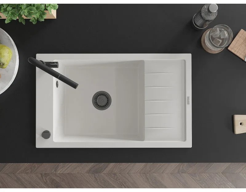 Mexen Elias, 1-komorový granitový drez 795x480x200 mm a drezová batéria Flora, biela, 6511-20-670401-70-B