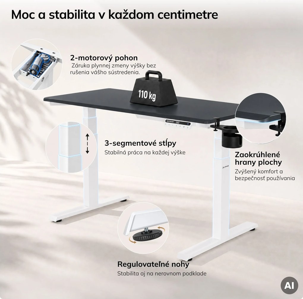 Elektrický stôl s nastaviteľnou výškou ergonomický bielo-antracitový,1200x600 mm: ARIA