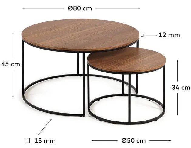 Hnedé okrúhle konferenčné stolíky v súprave 2 ks s doskou v dekore orechového dreva ø 80 cm Yona - Kave Home