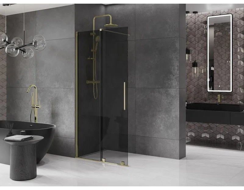 Mexen Velar, sprchová zástena s posuvnými dverami Walk-in 120 x 200 cm, 8mm šedé sklo, zlatá lesklá, 871-120-000-43-50