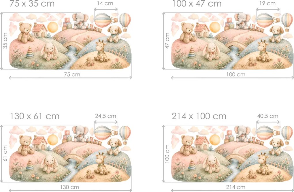 Kopečkov Plyšáčkov nálepky na stenu pre dievčatá hárok 75 x 35 cm