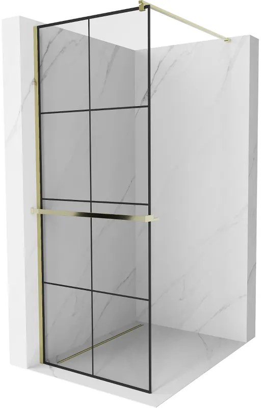 Mexen Kioto+, sprchová zástena s poličkou a držiakom na uteráky 90 x 200 cm, 8mm číre sklo vzor čierny, zlatý profil, 800-090-121-50-77