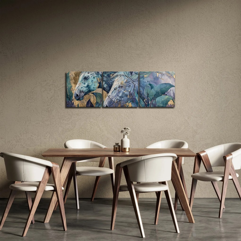 Obraz - Kone so zlatým pozadím (s hodinami) (90x30 cm)
