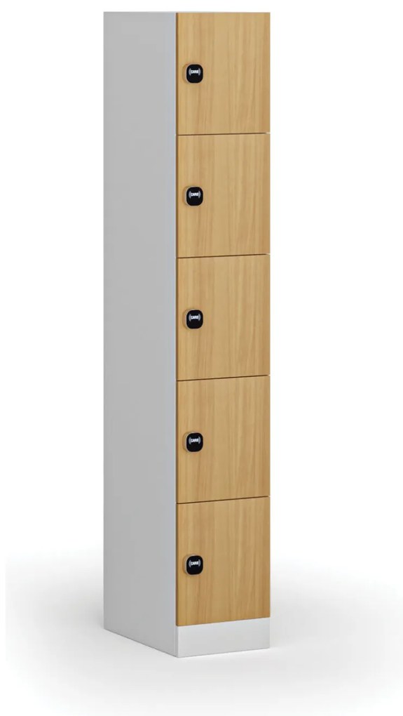 Šatníková skrinka s úložnými boxmi, 5 boxov, 1850 x 300 x 500 mm, demont, zámok s čítačkou RFID kariet, laminované dvere, buk