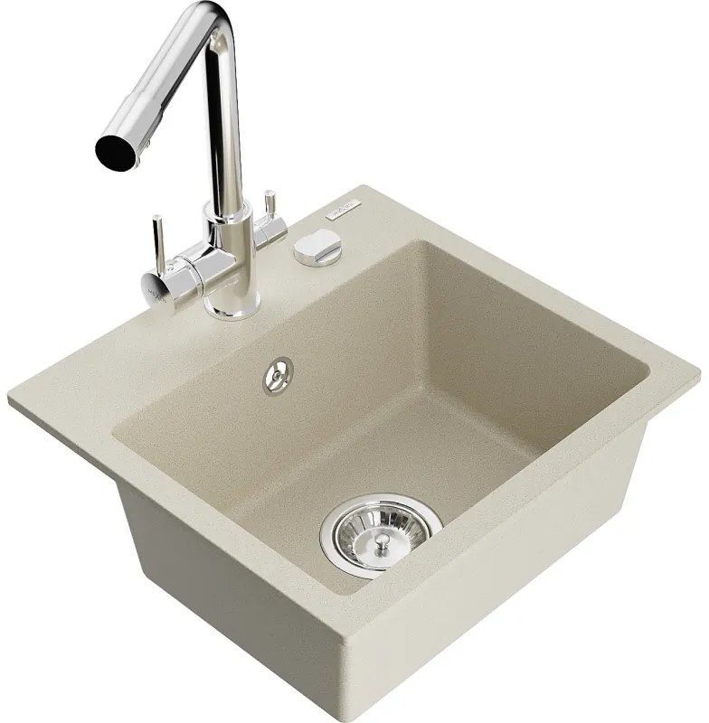 Mexen Milo, granitový drez 435x410x171 mm, 1-komorový a chrómová batéria Duero, béžová, 6505-69-671600-00