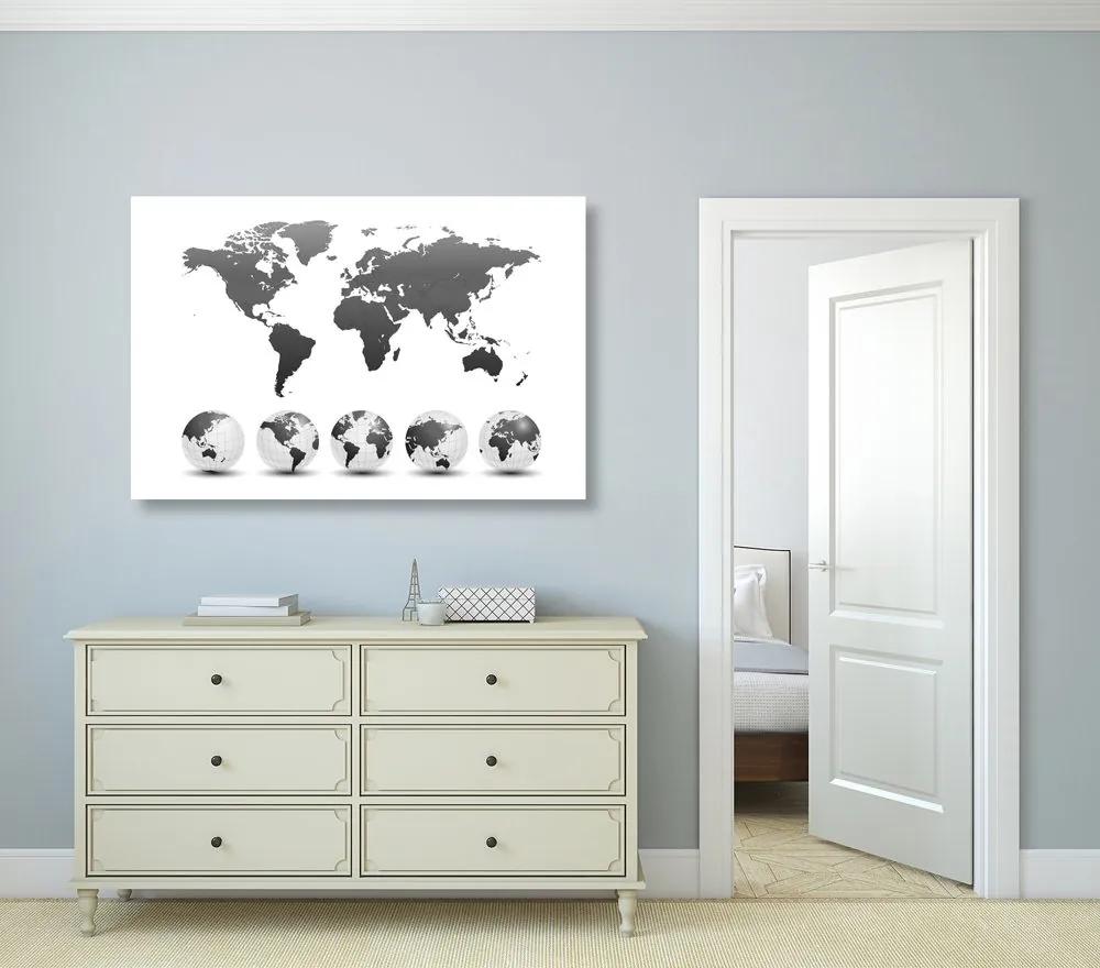 Obraz glóbusy s mapou sveta v čiernobielom prevedení - 90x60