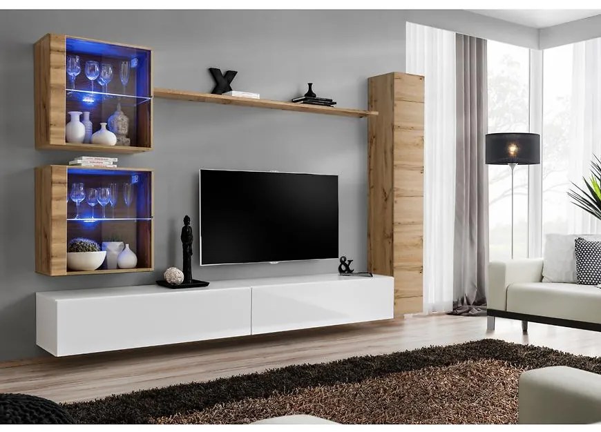 Obývacia stena Switch XVIII Sklo +LED Wotan/Biely