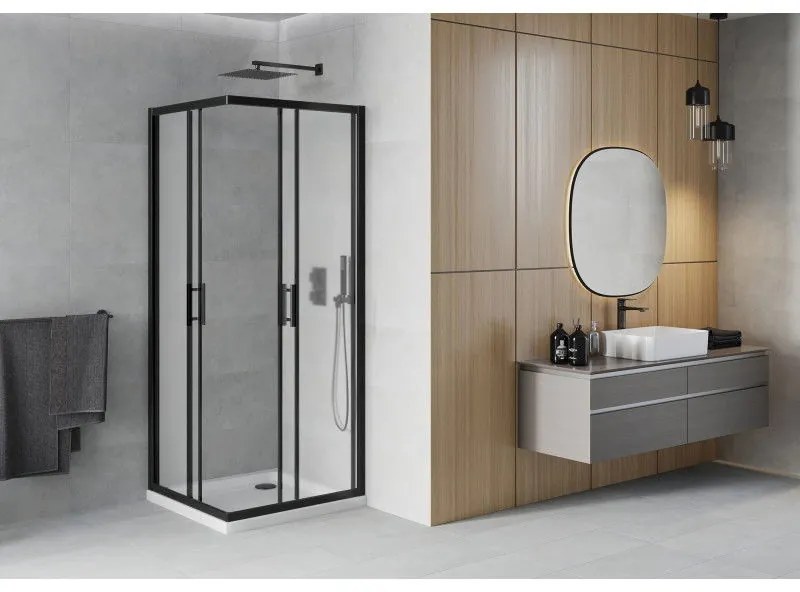 Mexen Rio, štvorcový sprchovací kút s posuvnými dverami 70(dvere) x 70(dvere) x 190 cm, 6mm sklo námraza, čierny profil + biela sprchová vanička SLIM, 860-070-070-70-30-4010B