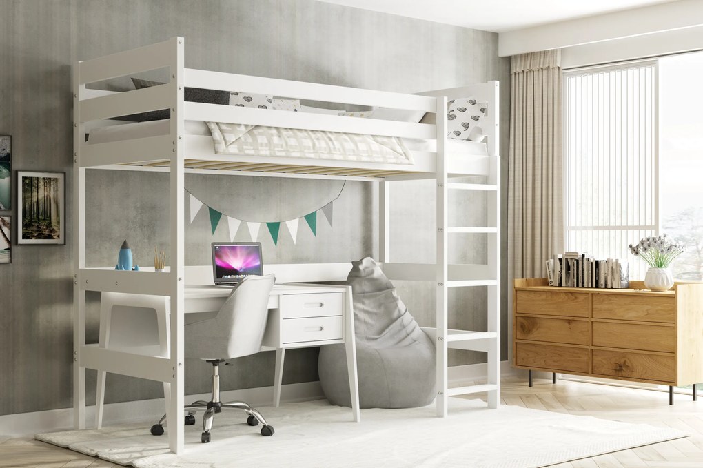 Vyvýšená posteľ z masívu ANTRESOLA 200×90 cm – biela
