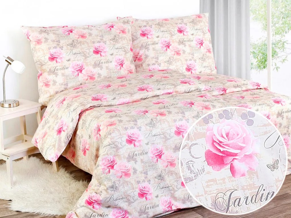 Škodák Bavlnené posteľné obliečky vzor B-695 Ružové ruže a motýle - Jednolôžko 140 x 200 cm