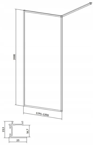 Cersanit Larga, Walk-In sprchová zástena 120x200 cm, 8mm priehľadné sklo, čierny profil, S932-140
