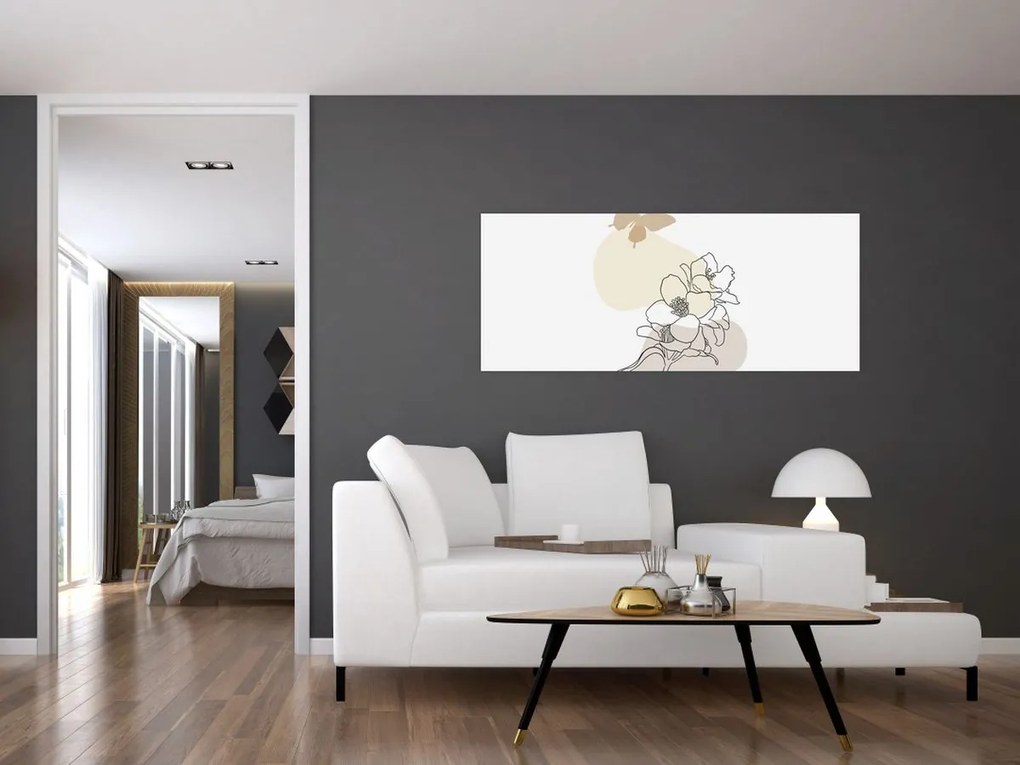 Obraz - Béžové kvety s motýľom N⁰3 (120x50 cm)