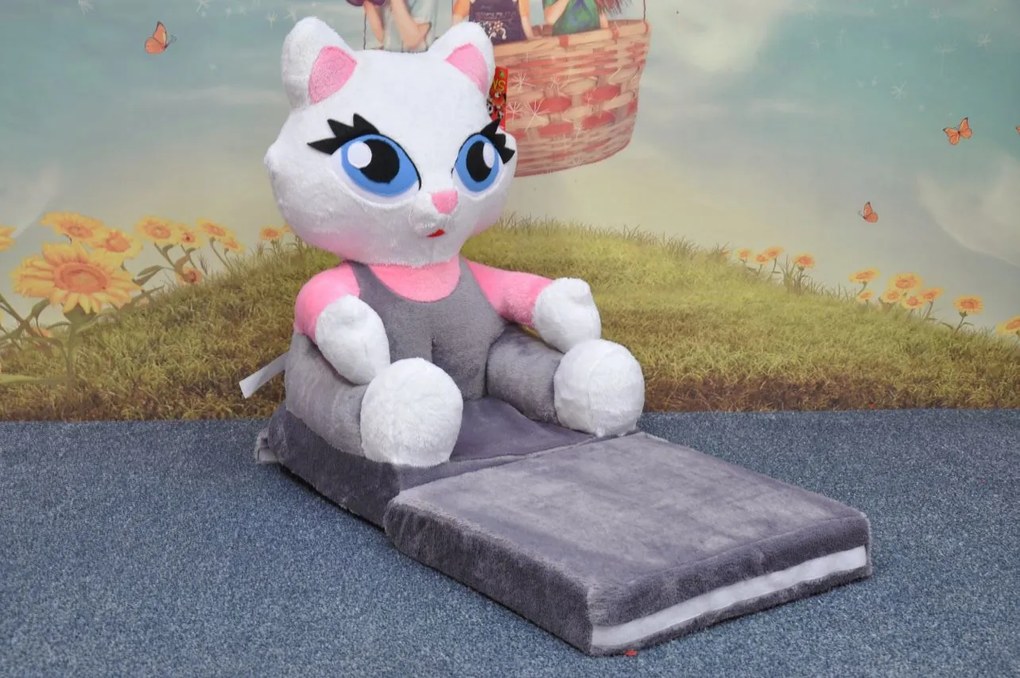 Detské plyšové rozkladacie kresielko MAČIČKA - šedé