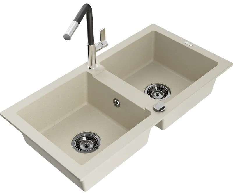 Mexen Mario, 2-komorový granitový drez 820x436x161 mm a drezová batéria Flora, béžová, 6504-69-670401-07-B
