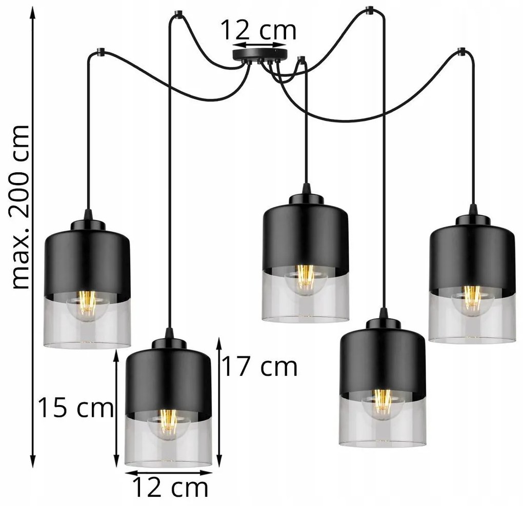 Závesné svietidlo Roma spider, 5x čierne/transparentné sklenené tienidlo