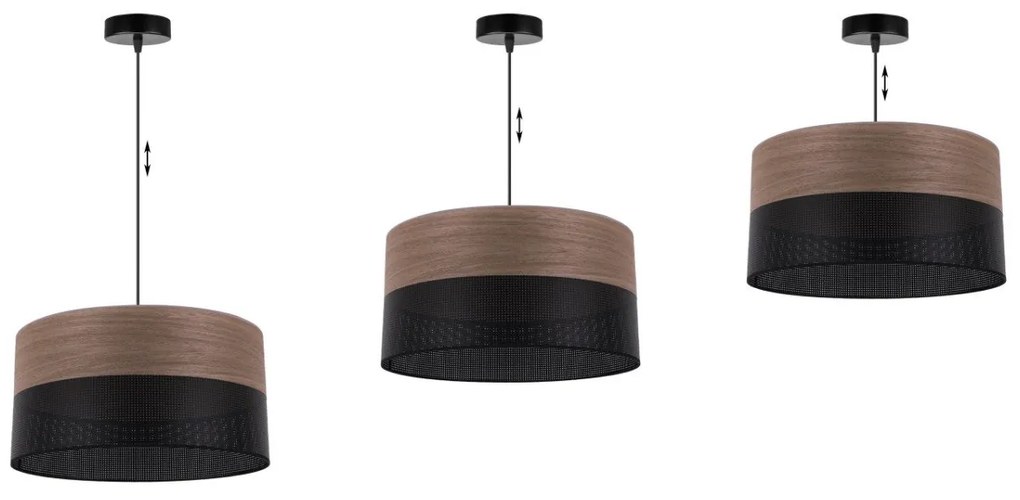 Závesné svietidlo Wood, 1x hnedá orechová dýha/čierne PVC tienidlo, (fi 40cm)
