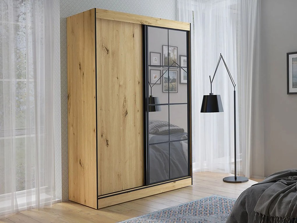 Šatníková skriňa s posuvnými dvermi Birelto II 150 2D, Farby: dub artisan / dub artisan + čierna