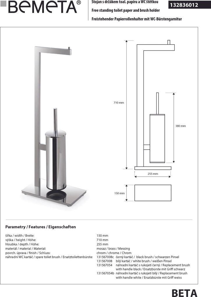 Bemeta Design BETA: Stojan, s držiakom TP, s WC kefou, lesk - 132836012