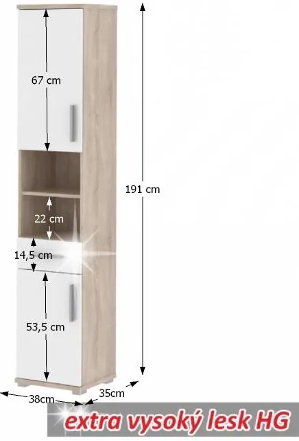 Kúpeľňová skrinka Lessy LI 5 - dob sonoma / biely vysoký lesk