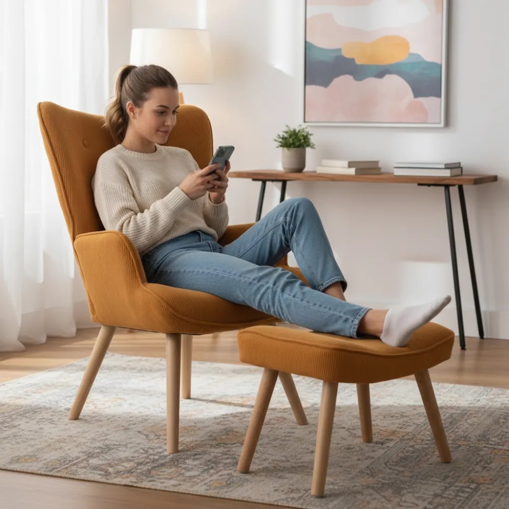 Kreslo ušiak CORDU + taburet — masív, manšestr, prírodná / medová