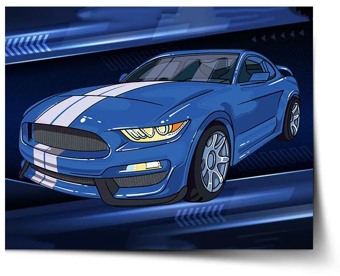 Sablio Plagát Mustang Modré pozadie s pruhmi - 60x40 cm