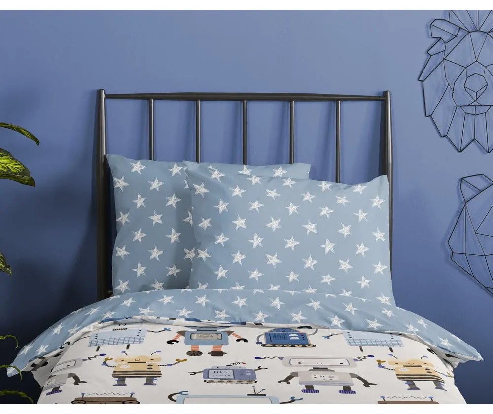 Modré/béžové bavlnené detské obliečky na jednolôžko 140x200 cm Robo – Good Morning