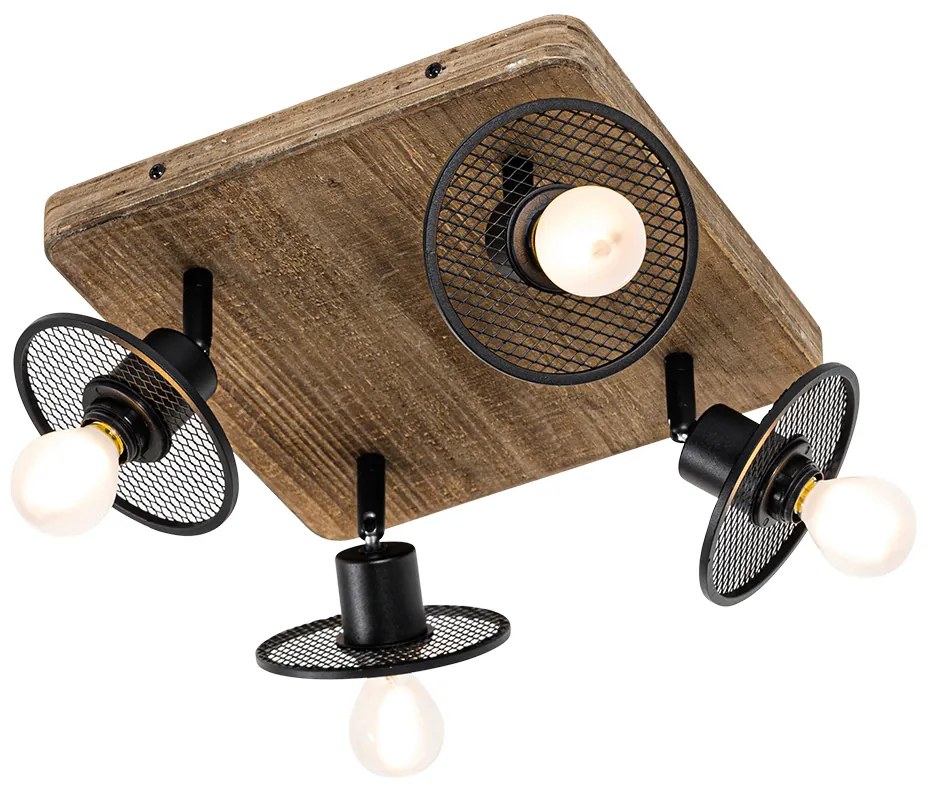 Priemyselné stropné bodové svetlo čierne s drevom 4-svetlo - Jasmine