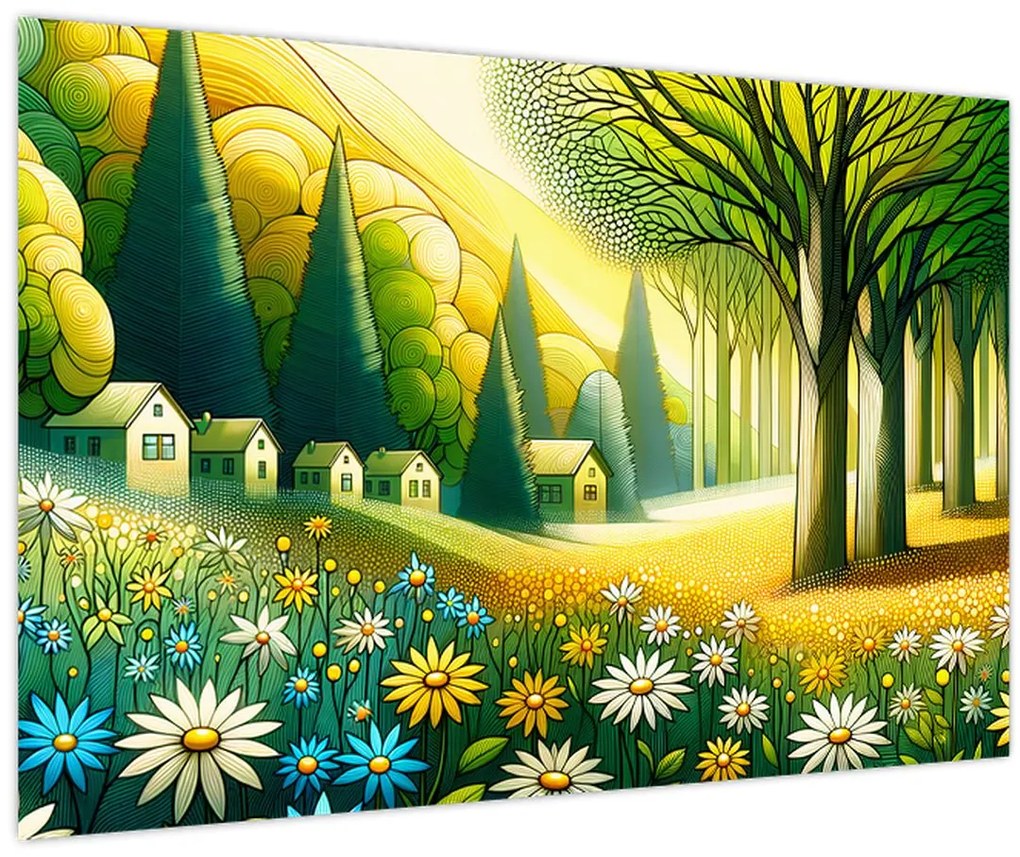 Obraz - Dedina v žlto-zelenej (90x60 cm)