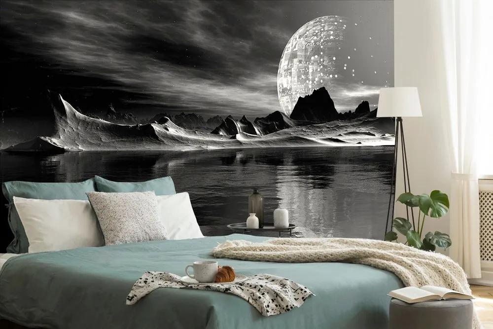 Samolepiaca tapeta futuristická čiernobiela planéta - 150x100