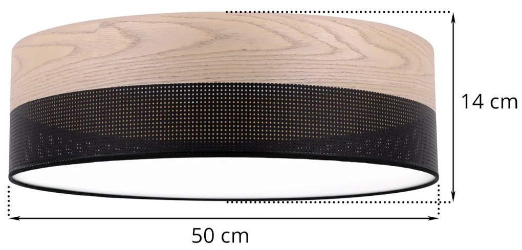Stropné svietidlo Wood, 1x béžová dubová dýha/čierne PVC tienidlo, (biele plexisklo), (fi 50cm)