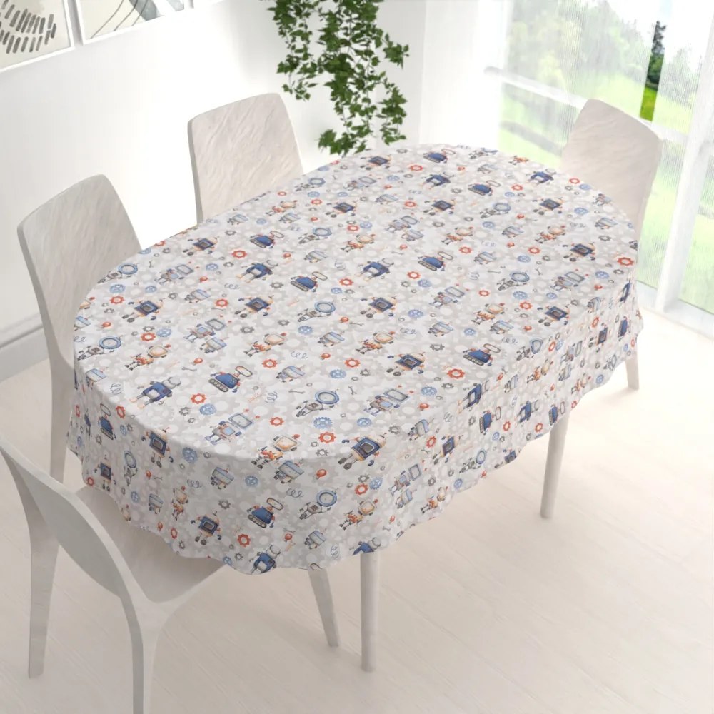Biante Detský bavlnený oválny obrus Sandra SA-584 Svet robotov na sivo-bielom 50x100 cm