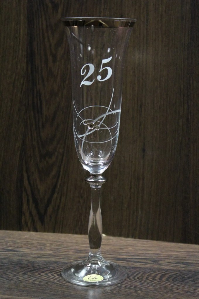 Výročný pohár na 25. narodeniny - ŠAMPANSKÉ so swarovski kryštáľmi a strieborným pásom