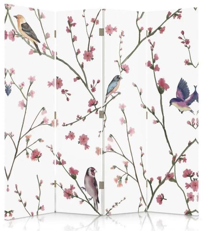 Ozdobný paraván Ptáci Květiny - 145x170 cm, štvordielny, obojstranný paraván 360°
