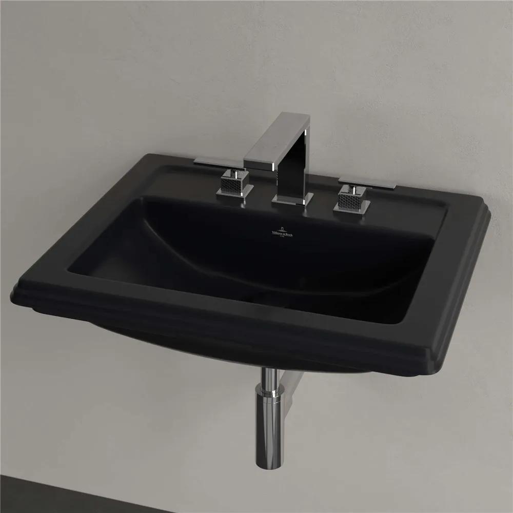 VILLEROY &amp; BOCH Hommage zápustné umývadlo s tromi otvormi, s prepadom, 630 x 525 mm, Pure Black, s povrchom CeramicPlus, 7102A1R7