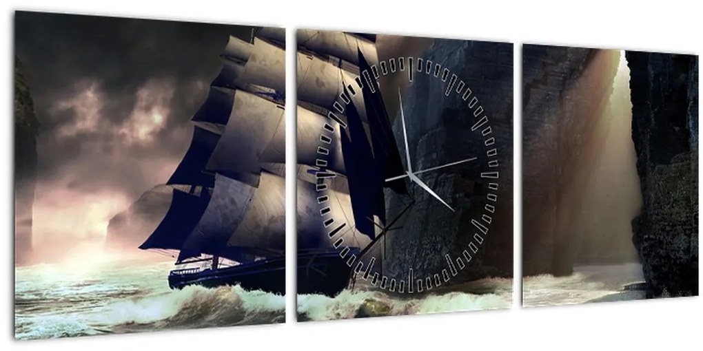 Obraz - Loď medzi útesmi (s hodinami) (90x30 cm)
