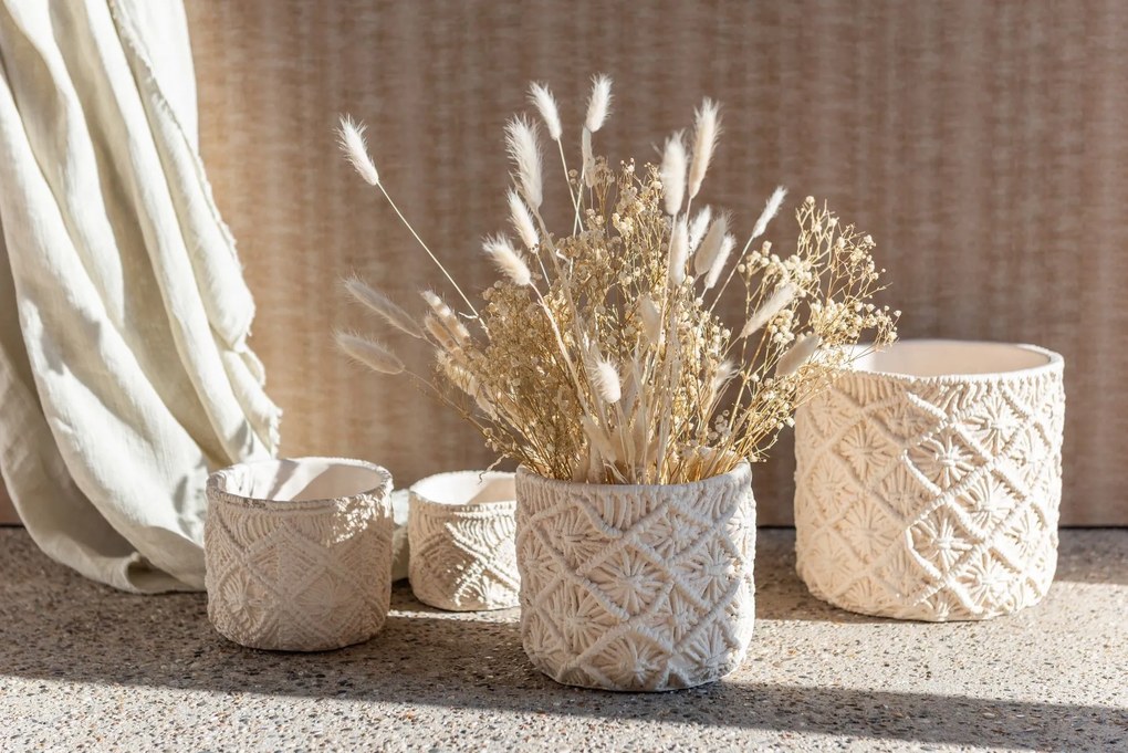 Béžový cementový kvetináč s drhaným vzorom Ibiza Macrame - Ø11*10 cm