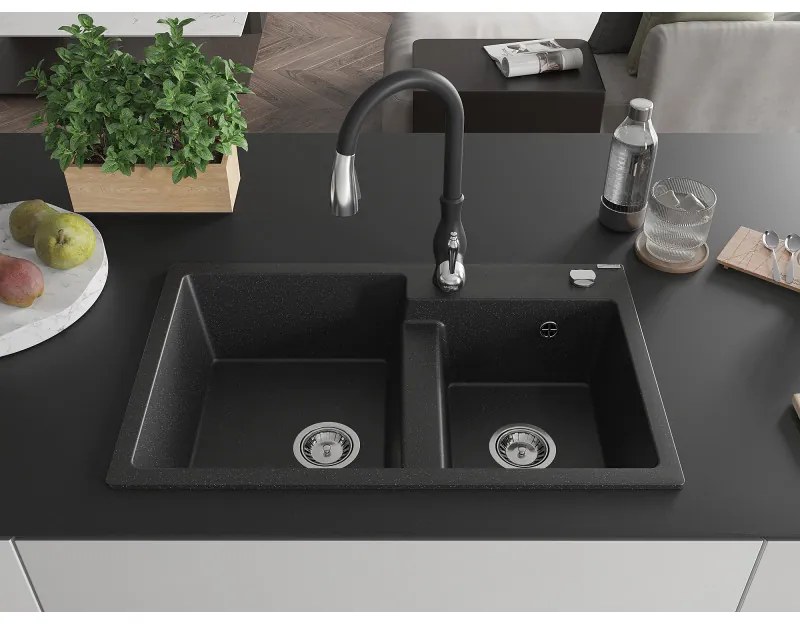 Mexen Tomas, granitový drez 800x500x190 mm, 2-komorový a drezová batéria Savita, čierna-strieborná metalíza, 6516-73-672601-70