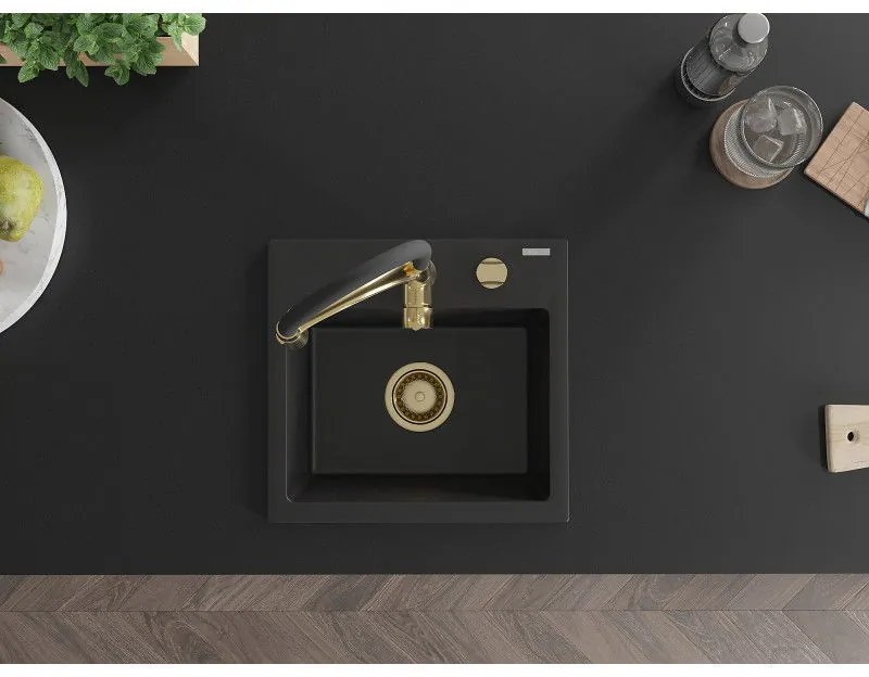 Mexen Milo, 1-komorový granitový drez 435x410x171 mm a drezová batéria Aster, čierna, 6505-77-73450-57-G