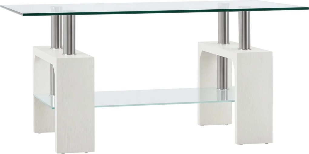 HOMCOM 2-Úrovňový Kávový Stolík, Moderný Stolík do Obývačky so Sklenenou Doskou a Drevenou a Oceľovou Konštrukciou, 90x50x42cm, Biely | Aosom