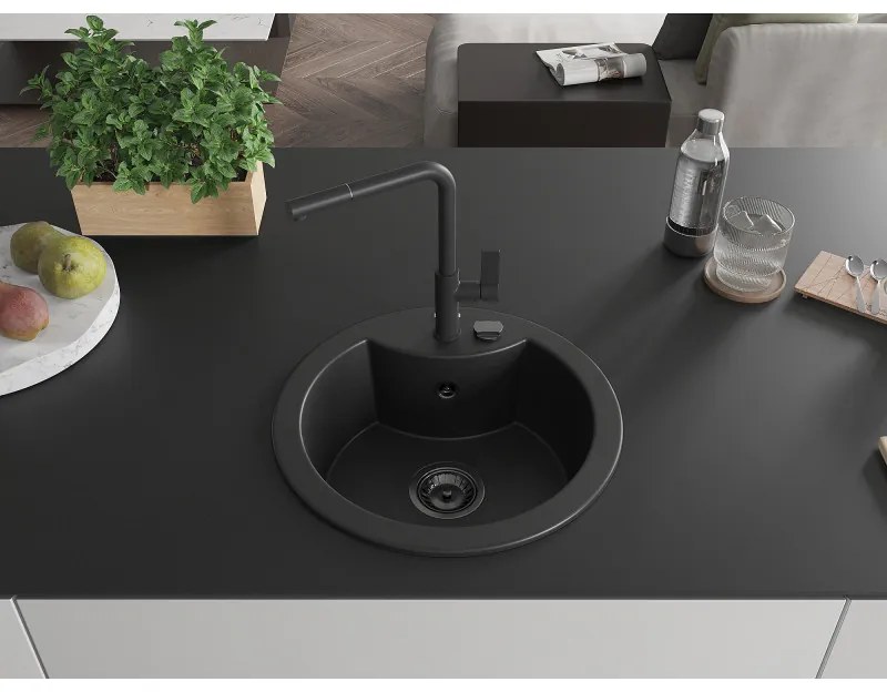 Mexen Diego, 1-komorový granitový drez 488x488x167 mm a drezová batéria Flora, čierna, 6512-77-670401-70-B
