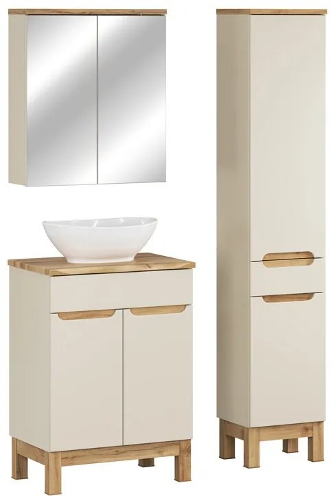 Kúpeľňová zostava Bali Príroda Lola s doskou, umývadlom, skrinkami a zrkadlom 60 cm kašmírová/dub wotan