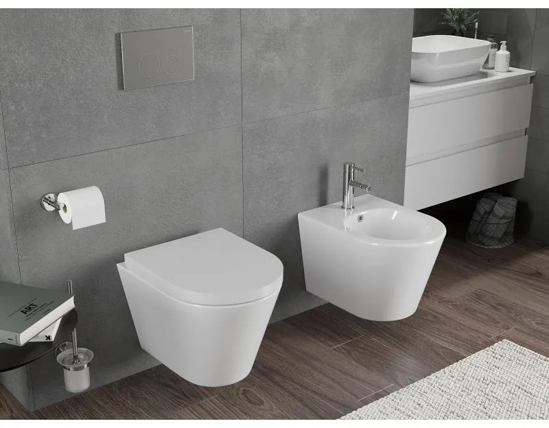 Mexen Rico, závesná WC misa 490x360x370 mm, Rimless Tornádo + WC sedadlo z duroplastu, biela lesklá, 30720200T
