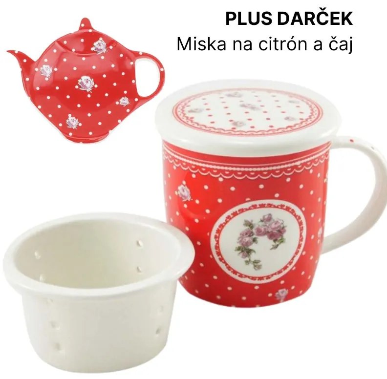 Darčeková sada šálka so sitkom a poklopom "Elegant red", porcelán, 400 ml