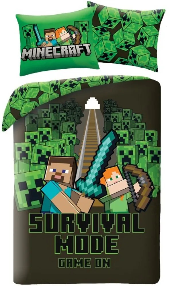 Obojstranné posteľné obliečky z mikrovlákna Minecraft - motív Survival Mode - 70 x 90 cm + 140 x 200 cm - zapínanie na zips