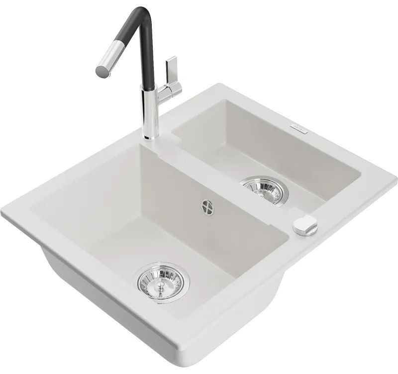 Mexen Carlos, 1,5-komorový granitový drez 582x475x177 mm a drezová batéria Flora, biela, 6518-20-670401-07