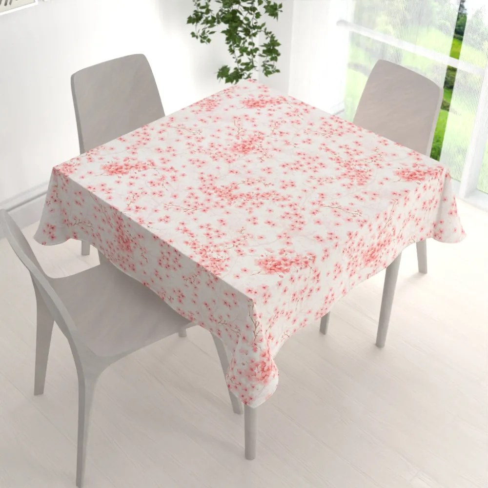 Biante Bavlnený štvorcový obrus Sandra SA-633 Ružové čerešňové kvety na bielom 120x120 cm