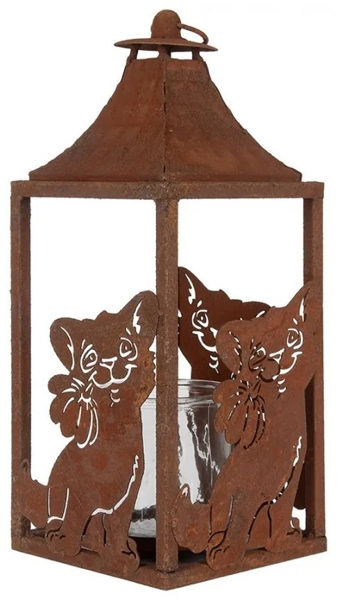 Hrdzavý kovový lampáš s mačkami - 15*15*37 cm