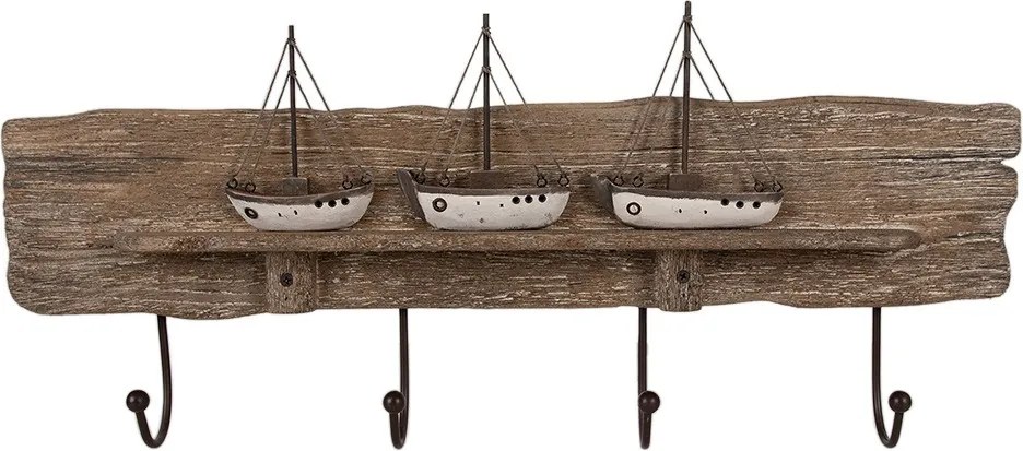 Hnedý antik drevený nástenný vešiak s loďkami - 63*8*27 cm